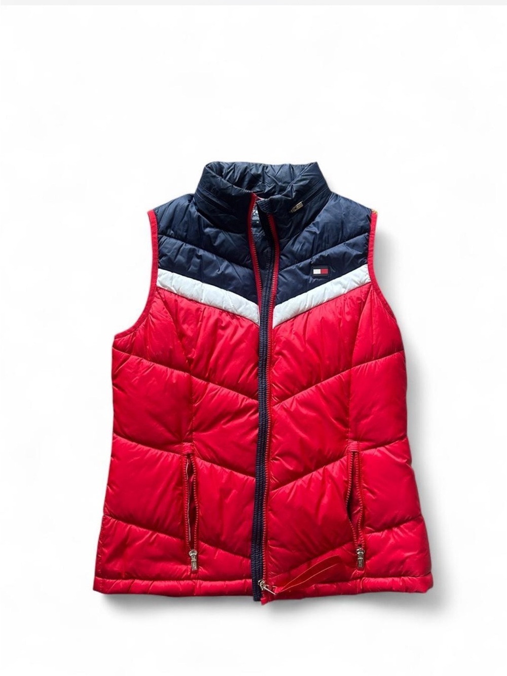 Tommy Hilfiger red, navy blue, and white color-blocked puffer vest women’s